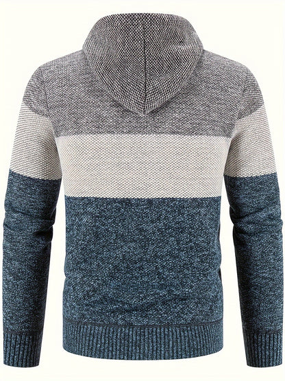 Men'S Fleece-Lined Hooded Sweater | 100% Polyester Knit | Mature Style | Striped Pattern | Long Sleeve | Regular Fit Hoodie with Medium Stretch Fabric | Casual Autumn & Winter Outerwear