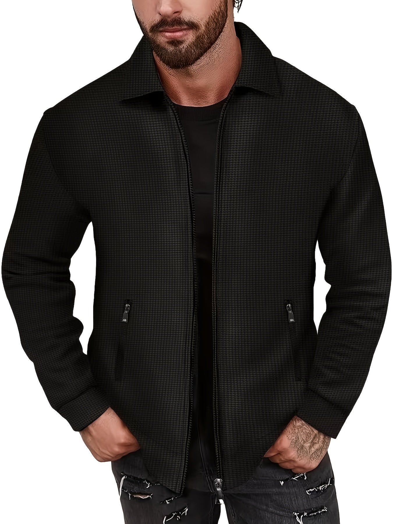 1pc Men'S Casual Polyester Zip-Up Jacket with Lapel Collar, Solid Color, Slight Stretch, Woven Fabric, Regular Fit, No Lining - Spring/Fall Outerwear