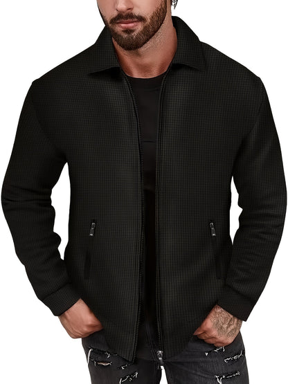 1pc Men'S Casual Polyester Zip-Up Jacket with Lapel Collar, Solid Color, Slight Stretch, Woven Fabric, Regular Fit, No Lining - Spring/Fall Outerwear