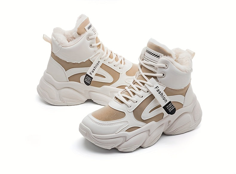 Women's Plush Fleece-Lined High-Top Sneakers - Thick-Soled Winter Warm Lace-Up Shoes with PU Upper & Cushioned PVC Sole, White/Black/Grey Chunky Dad Shoes (Cozy Round Toe) - Instagram Trendy Winter Footwear by I Trend