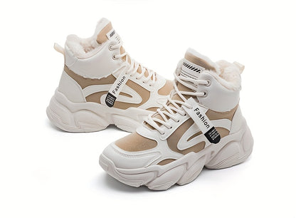 Women's Plush Fleece-Lined High-Top Sneakers - Thick-Soled Winter Warm Lace-Up Shoes with PU Upper & Cushioned PVC Sole, White/Black/Grey Chunky Dad Shoes (Cozy Round Toe) - Instagram Trendy Winter Footwear by I Trend