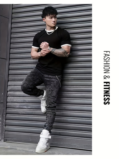 Men's Quick-Dry Athletic T-Shirt - High Elasticity, Breathable Polyester, Black with White Contrast Trim, Round Neck, Short Sleeves for Gym, Running & Basketball, Workout Clothing | Casual Sportswear | Polyester Fabric