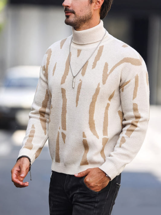 Men's Zebra Stripe Knit Sweater - High Neck Winter Pullover with Zebra Stripes, Warm Casual Sweaters for Weather, Hand Washable Fall/Winter Wardrobe Essential (Regular Fit)