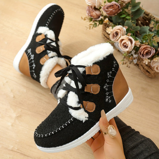 New Autumn-Winter Plush Lace-Up High Top Women's Snow Boots, Fashionable Warm Short Ankle Shoes, Trendy Versatile Comfortable Thermal Low Cut Winter Footwear