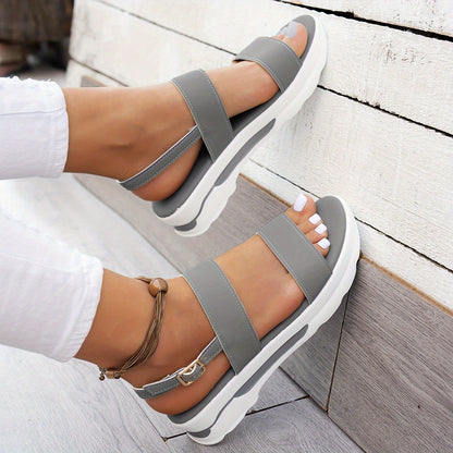 Women's Summer Plain Color Wedge Sandals, Casual Open-Toe Simple Thick Sole Beach Shoes with Comfortable Ankle Strap Wedges