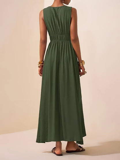 Elegant Summer V-Neck Beaded Sleeveless Waist-Cinching Dress