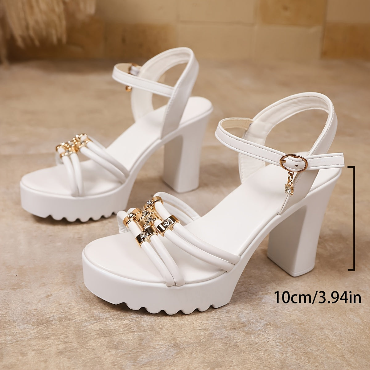 Women's Chunky Platform High Heel Sandals - Elegant Open-Toe Summer Shoes with Ankle Strap, Synthetic Cover Upper  PU Sole, White Versatile Dressy Casual Footwear, Chunky Heel Sandals, Formal Casual Wear, Crisscross Ankle St
