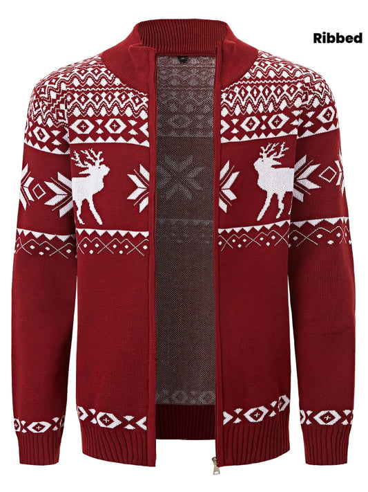 1pc Men'S Christmas Reindeer Pattern Casual Knit Cardigan - Polyester Long Sleeve Pullover with Ribbed Trim, Round Neck, Regular Fit for Autumn/Winter