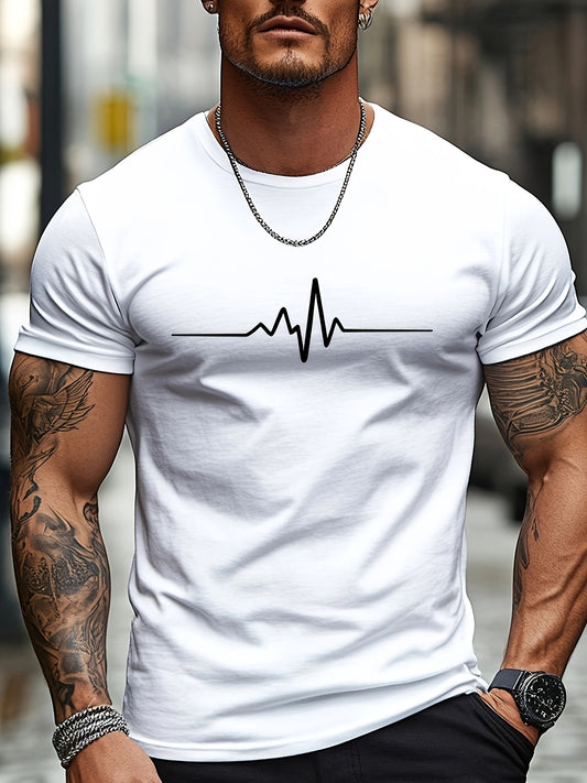 Men'S Brown T-Shirt with ECG Heartbeat Graphic - Casual Streetwear, Short Sleeve, Round Neck, Stretch Fabric, All-Season Comfort, Casual Streetwear Tee   Round Neck Tshirt   Comfortable Fit