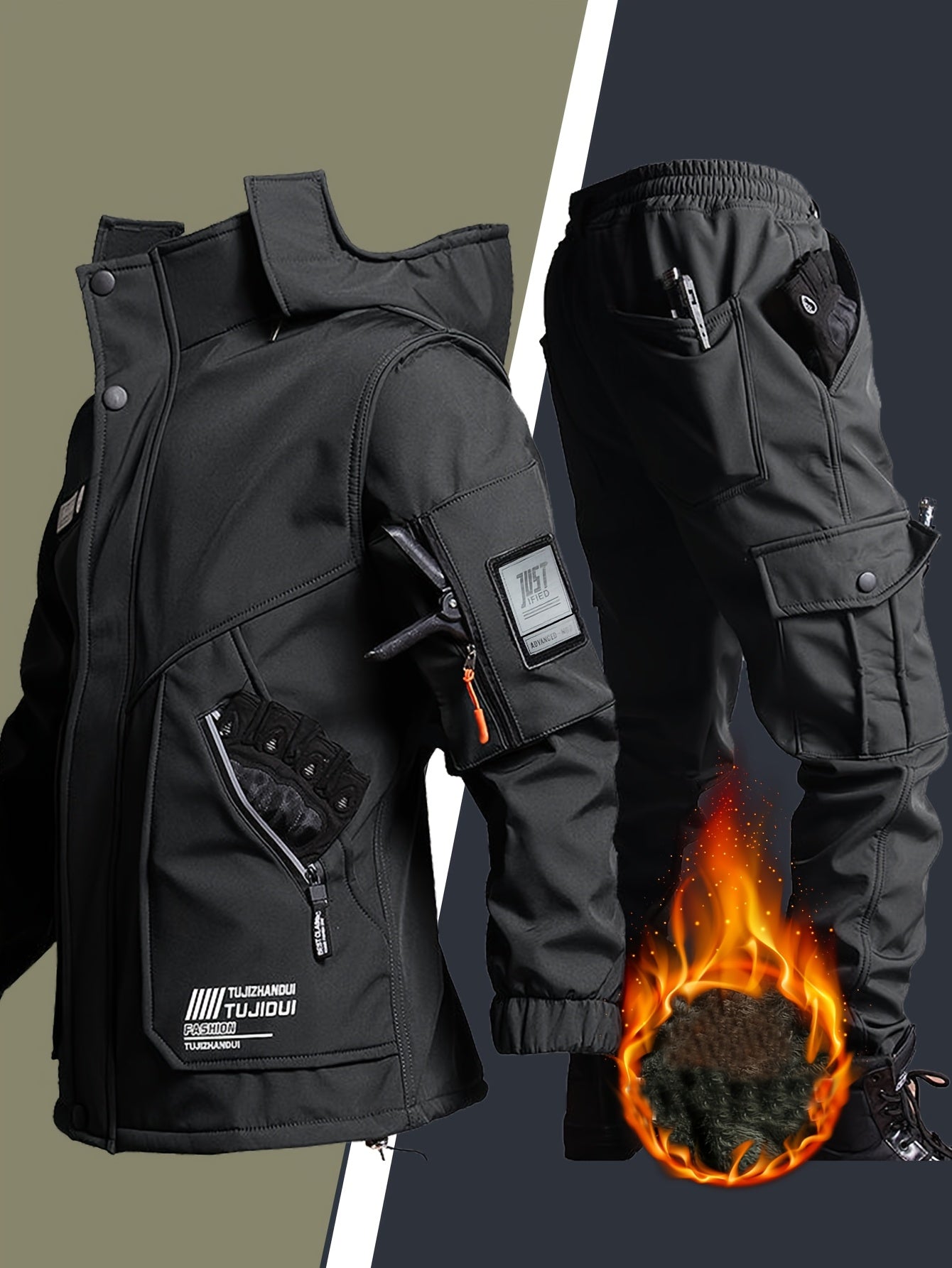 Men's Warm Fleece Casual Jacket and Pants Set for Winter