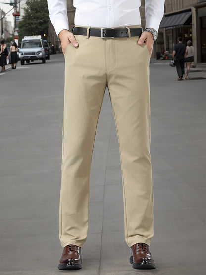 Men's Sleek Stretch Dress Pants - Solid Color Black, Comfort Fit with Subtle Stretch, Polyester Fabric, Mid-Rise, Machine Washable, Perfect for Business Casual & All-Season Wear, Business Casual Pants | Sleek Trousers | Easyc