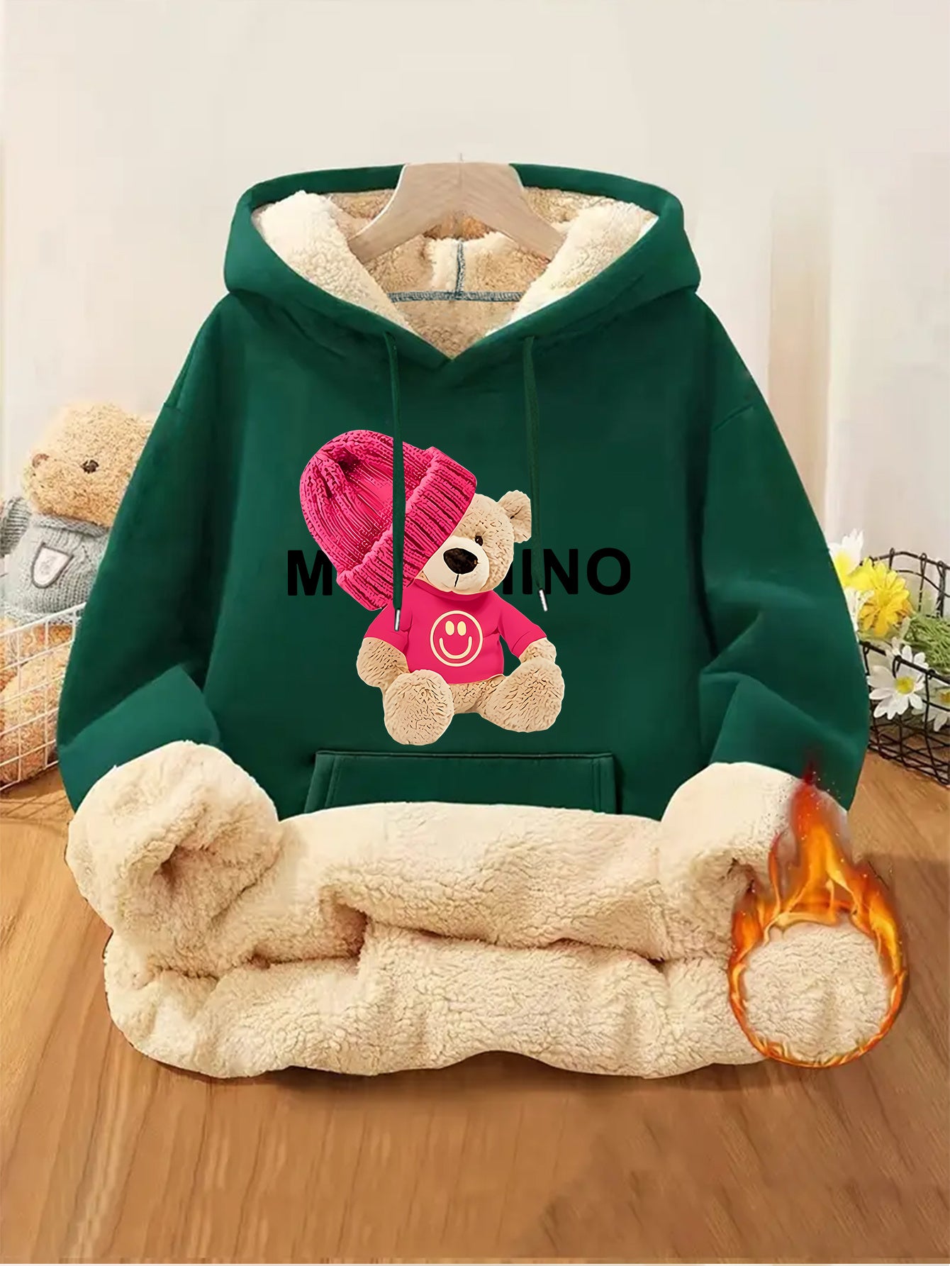 Women'S Thick Fleece Hooded Sweatshirt with Cute Bear Print & Plush - Cozy Winter Warmth, Drawstring Hood & Pockets, Casual Retro Style, Machine Washable For Fall/winter Commuting & Daily Wear, Winter Sweatshirt, Seasonal Fas