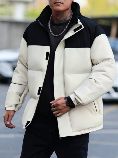 Տղամարդու ձմեռային գունային բլոկներով բաճկոն՝ կանգնած օձիքով - սև և առօրյա տաք վերարկու՝ բացօթյա օգտագործման համար, պոլիեսթերով լցված կայծակաճարմանդ առջևի մասով, սովորական չափսի՝ ցուրտ եղանակի համար, չձգվող գործվածք