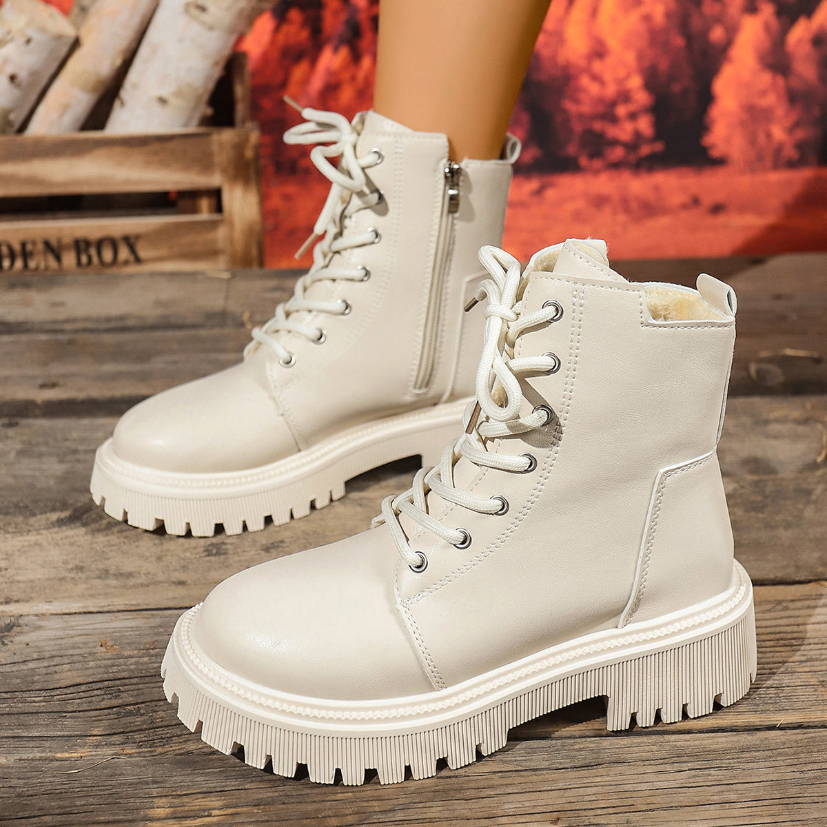 Women's Japanese-Inspired Winter Boots with Plush Faux Collar & Synthetic Upper - Chunky Rubber Sole Round Toe Ankle Boots, Black & White for Cold Weather, Casual & Formal Wear (Snow/City/Office) - Easy-Clean Synthetic, Boots