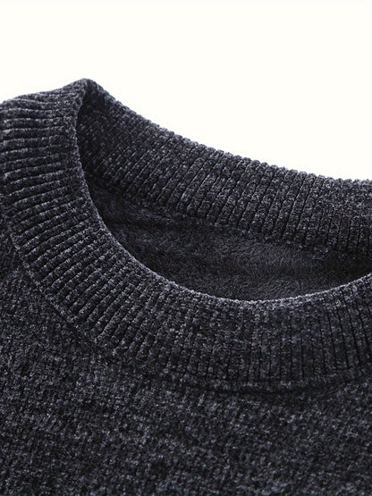 Temujin Men'S Winter Round Neck Sweater with Fleece, Knitted with Embroidered Stripes And Casual Letters for Warmth And a Fitted Style