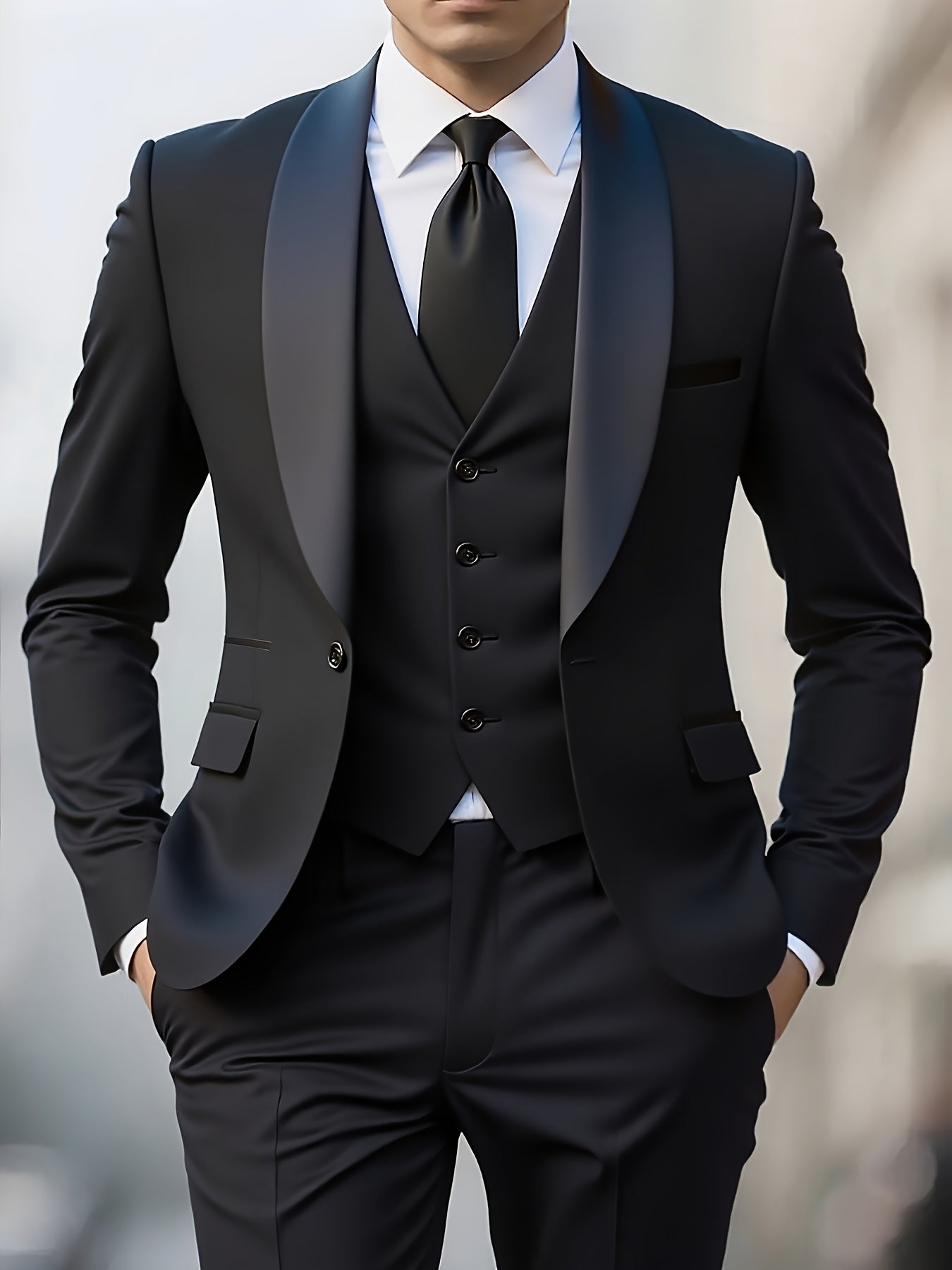 Men's 3-Piece Polyester Suit with Vest and Pants, Formal Workwear