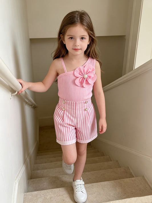 Girls Summer 2-Piece Off-Shoulder Top & Striped Shorts Set