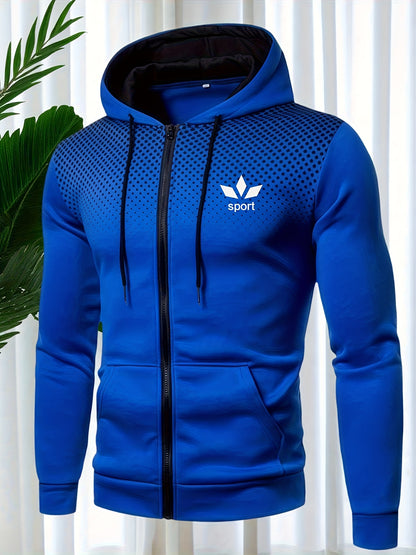 Men's Hooded Zip-Up Jacket Soft Polyester Fall Winter Sporty