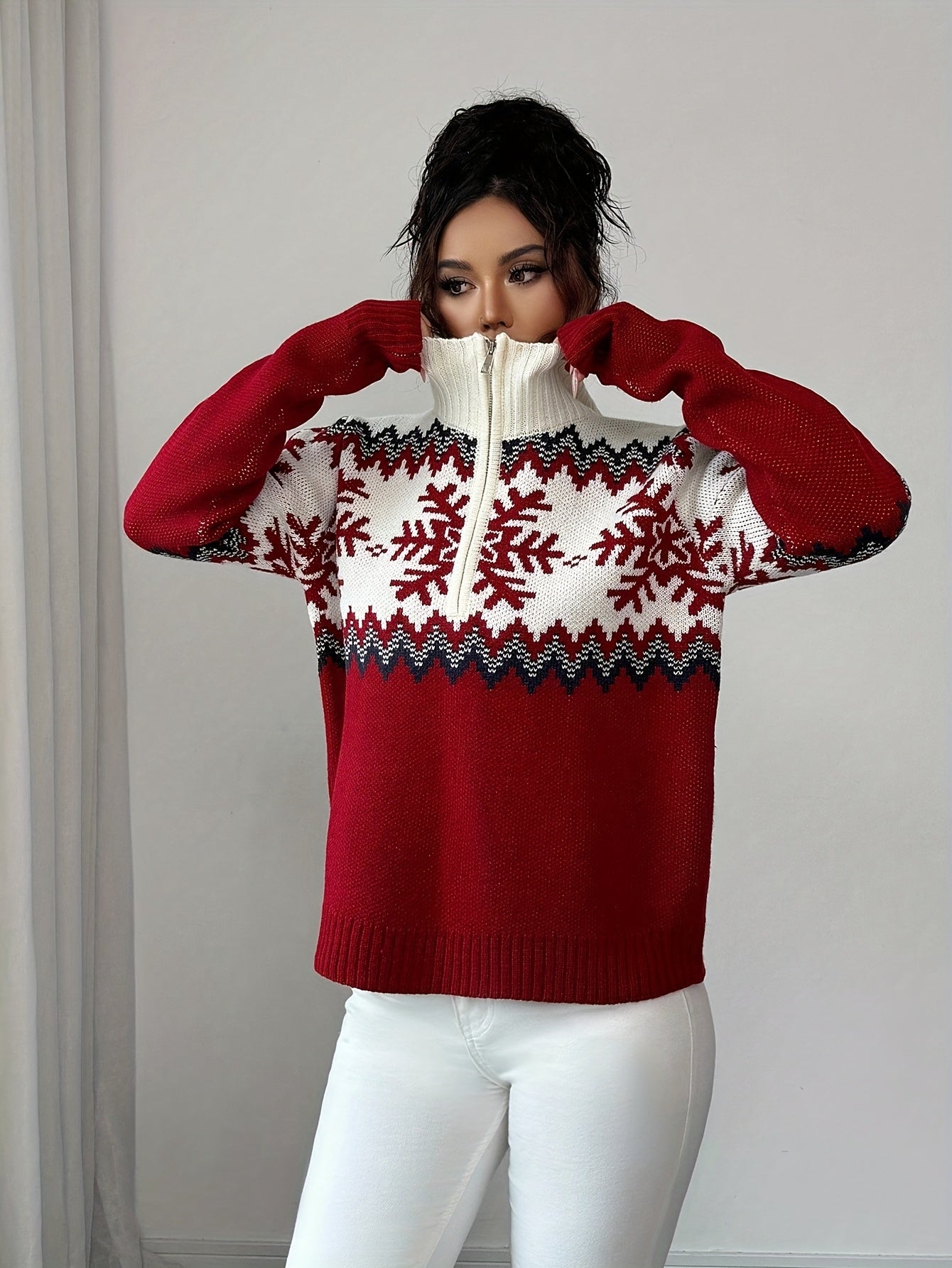 Women's French-Style High Neck Half-Zip Sweater - Christmas Red Winter Blouse bonne for party, Casual & Holiday Outfits - Cozy Fall Winter Sweatershop with half-zip Front & Medium-Stretch Fabric (Hand Washable)