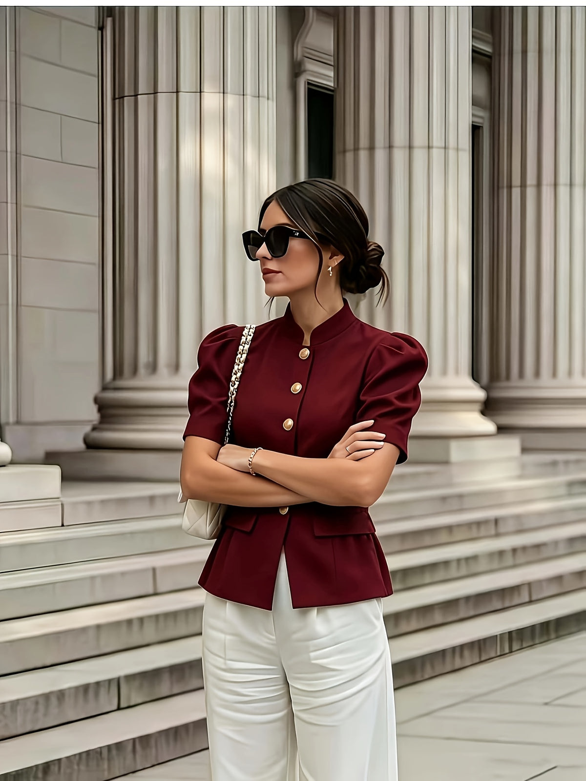 Elegant Women's Solid Color Puff Sleeve Short Jacket - ayq