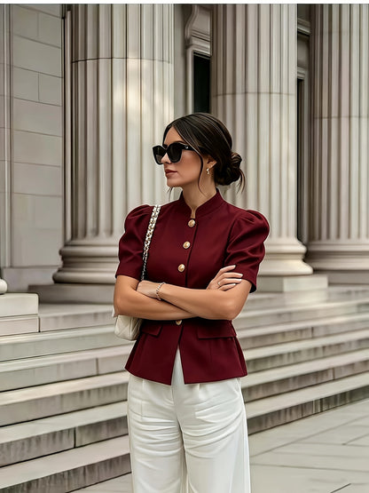 Elegant Women's Solid Color Puff Sleeve Short Jacket - ayq
