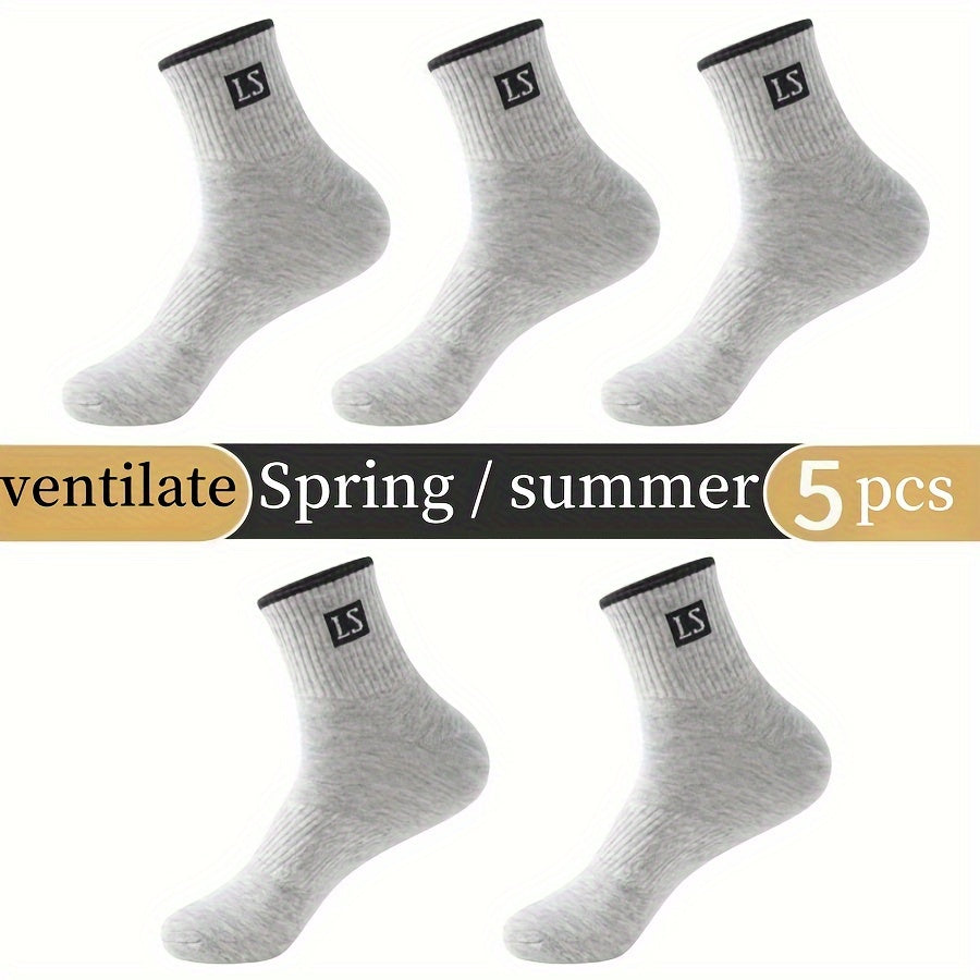 5/10 Pairs Of Men's Trendy Solid Crew Socks, Spring and Fall Breathable Comfy Casual Socks for Men's Outdoor Wearing All Seasons Wearing