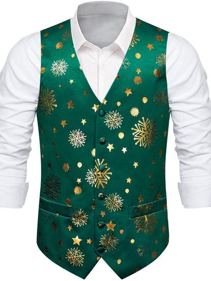 DOCAPEITON Men'S Christmas Vest - Formal & Casual Holiday Party Outfit with Button Front Closure, Non-Stretch Fabric - Green & Golden Snowflake, Tree, Firework Designs - Perfect for Xmas, New Year's, Weddings - Adult Men'S Fe