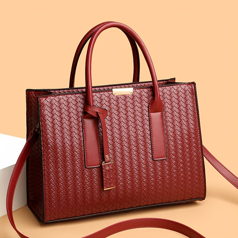 Large Woven Ladies Handbag with Removable Strap and Metal Buckle