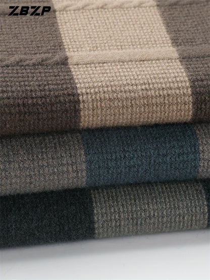 ZBZP Men'S Casual Striped Knit Sweater - Dark Gray & White Horizontal Stripes, Round Neck Long Sleeve, Regular Fit, Autumn Winter Warm Pullover for Casual Attire, Knit Sweater, Comfortable Fashion, Soft Texture, Cold Weather