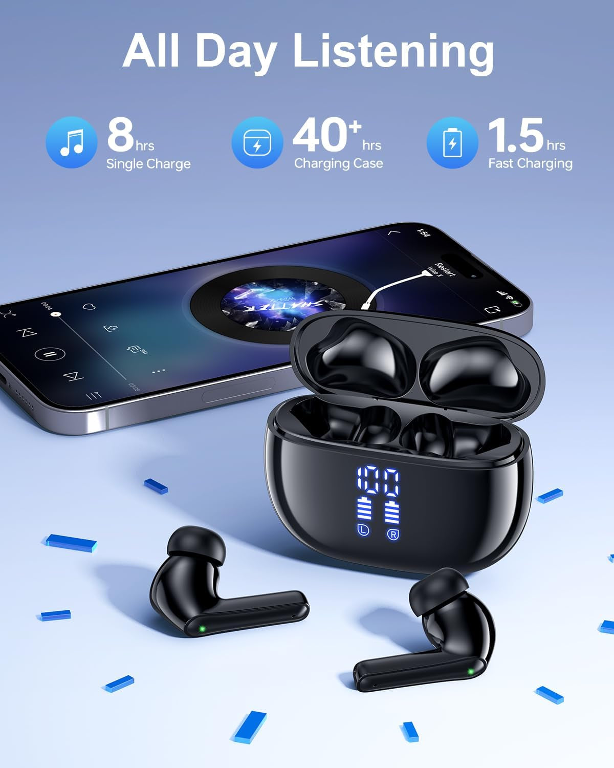 Wireless Earbuds Bluetooth Headphones, Ear Buds with Deep Bass, 40H Long Playtime, Power Display, IPX7 Waterproof in Ear Earphone with Mic for Phone Tablet Sports Workout, Black