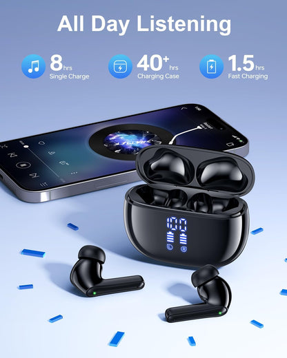 Wireless Earbuds Bluetooth Headphones, Ear Buds with Deep Bass, 40H Long Playtime, Power Display, IPX7 Waterproof in Ear Earphone with Mic for Phone Tablet Sports Workout, Black