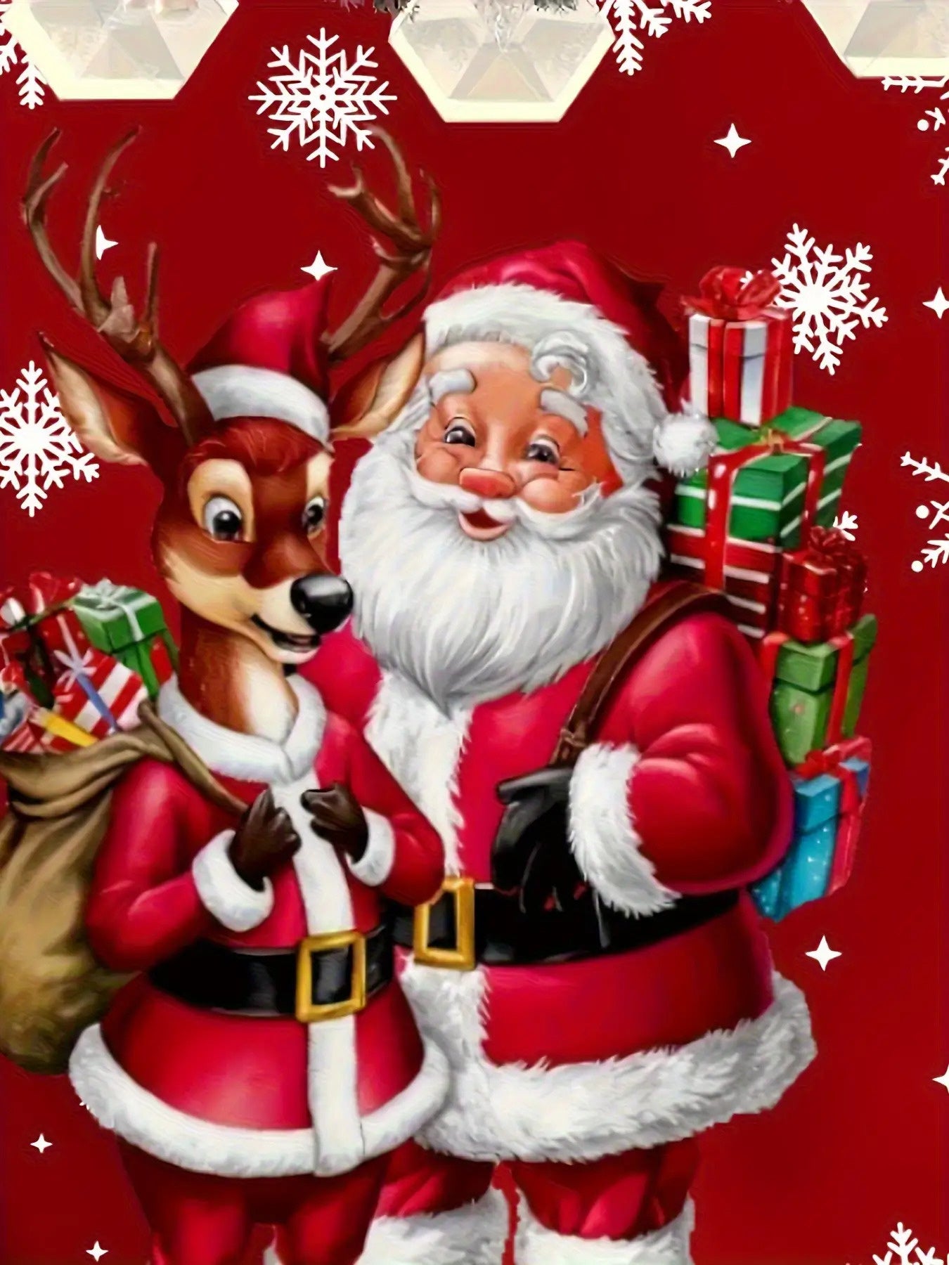 Men's Christmas Santa & Reindeer Print T-Shirt - Soft Stretchy Long Sleeve Casual Top with Elf Helper & Sleigh Design, Plus Size Holiday Party Wear, Machine Washable Red & White Snowflake Pattern Shirt, PLUS SIZE, Christmas S