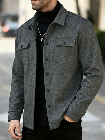 Men's Solid Color Lined Workwear Shirt Jacket with Snap Buttons