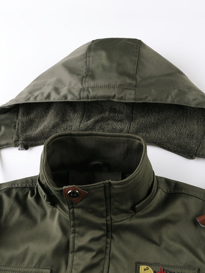 Men'S Winter Fleece-Lined Military-Style Jacket - Thickened Zip-Up Coat with Large Pockets, Olive Green Casual Winter Coat for Outdoor Activities, Winter Coats, Durable Fabric Coat