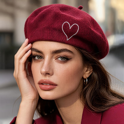 Women's Wool Beret Hat with Rhinestone Heart - Lightweight Warm