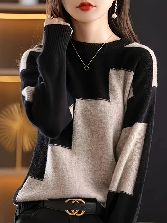 Women's Casual Color Block Long Sleeve Sweater - Round Neck, Soft Viscose Blend, Perfect for Fall and Winter Fashion, Knit Sweater