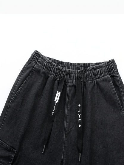 Men's Slim Fit Denim Cargo Pants with Elastic Waistband