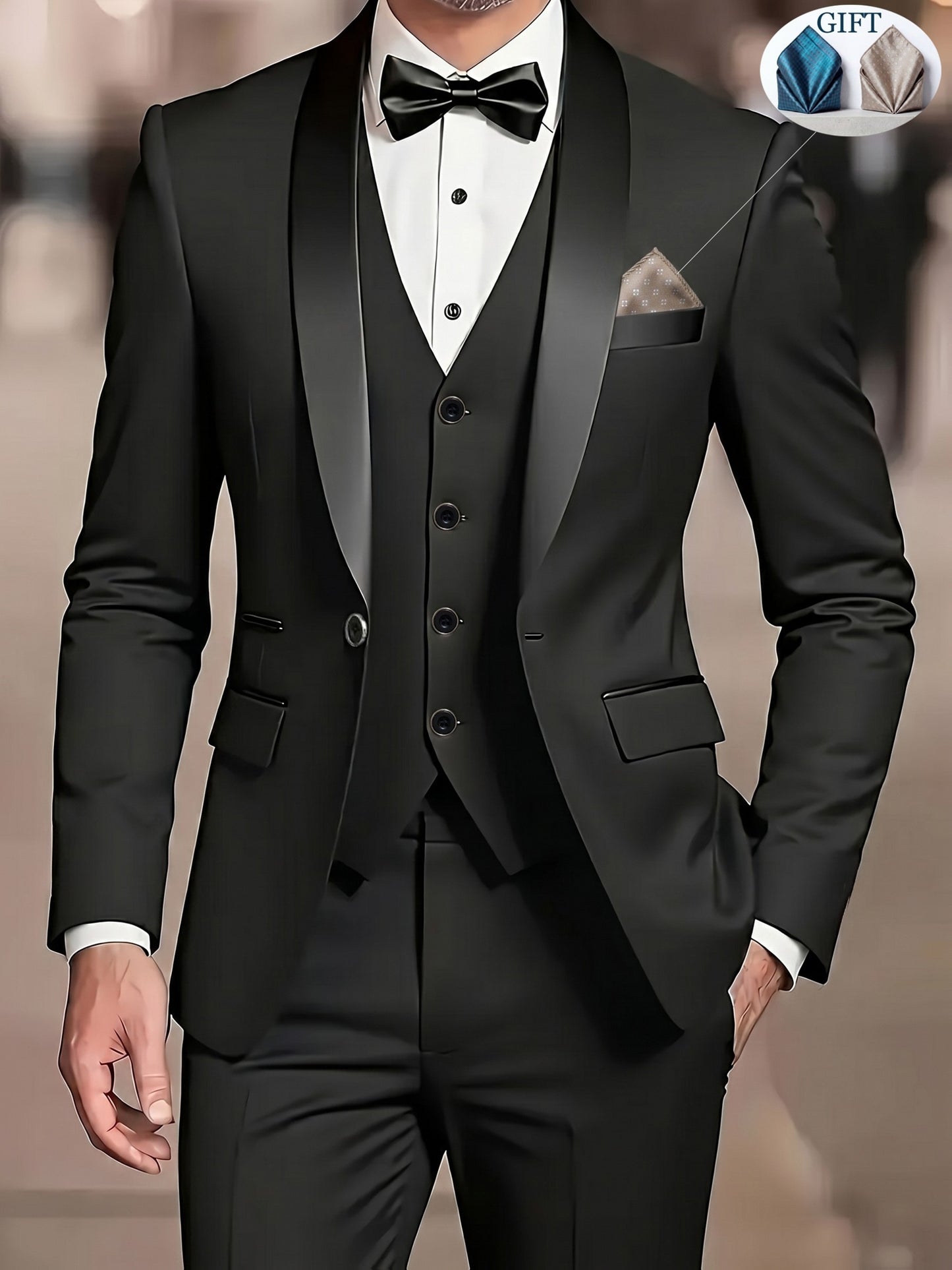 Men's Slim-Fit Notch Lapel 3-Piece Suit with Vest and Pants