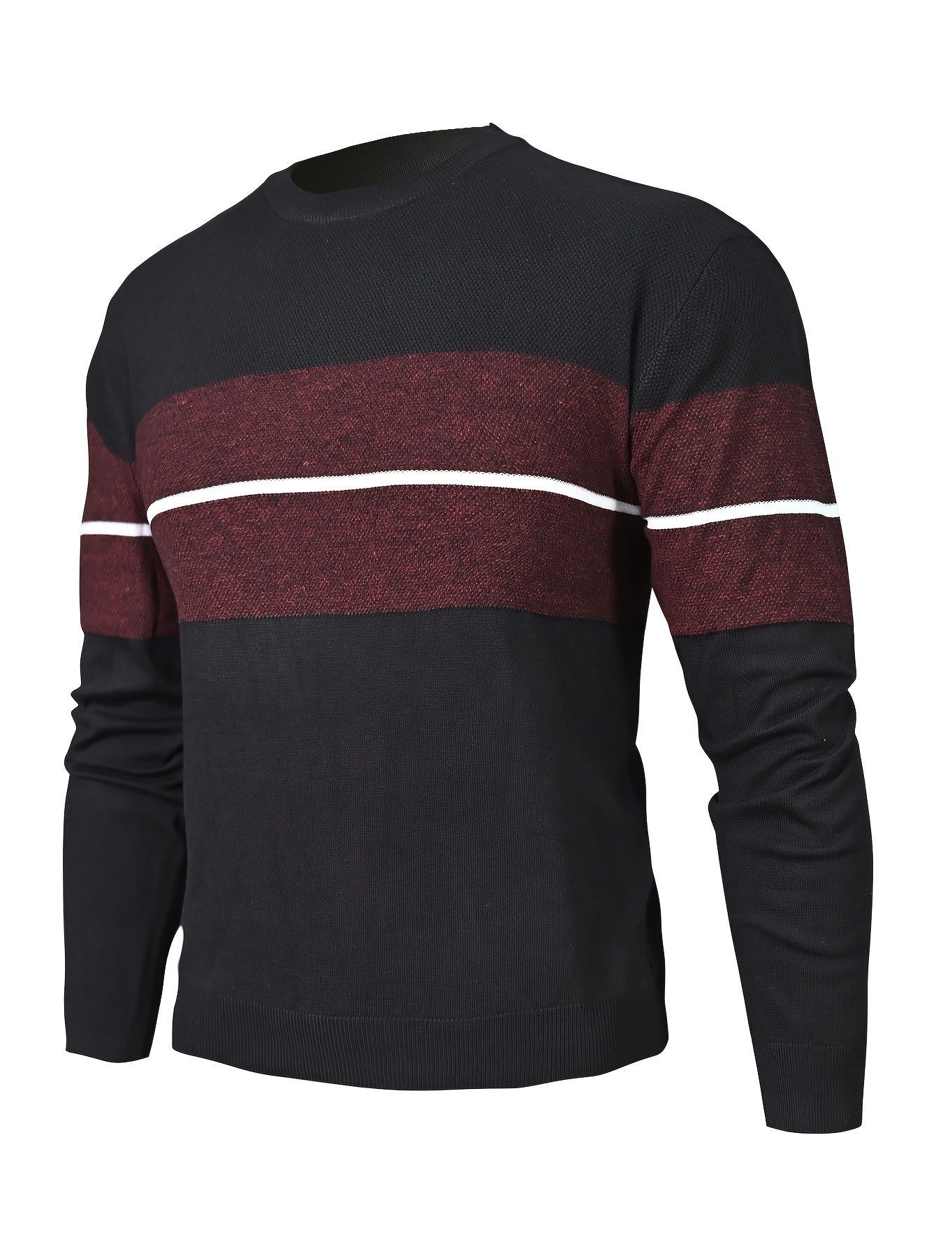 Men's Casual Round Neck Sweater - Two-Tone Color Block, 100% Polyester, Stretch Knit, Long Sleeve - Perfect for Fall/Winter
