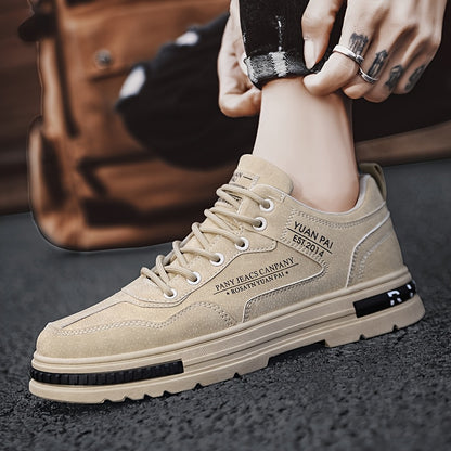 Men's Skate Shoes - Versatile Beige Casual Streetwear Sneakers, Durable Non-Slip PU Sole, Lace-Up Low-Top for Everyday & Outdoor Activities