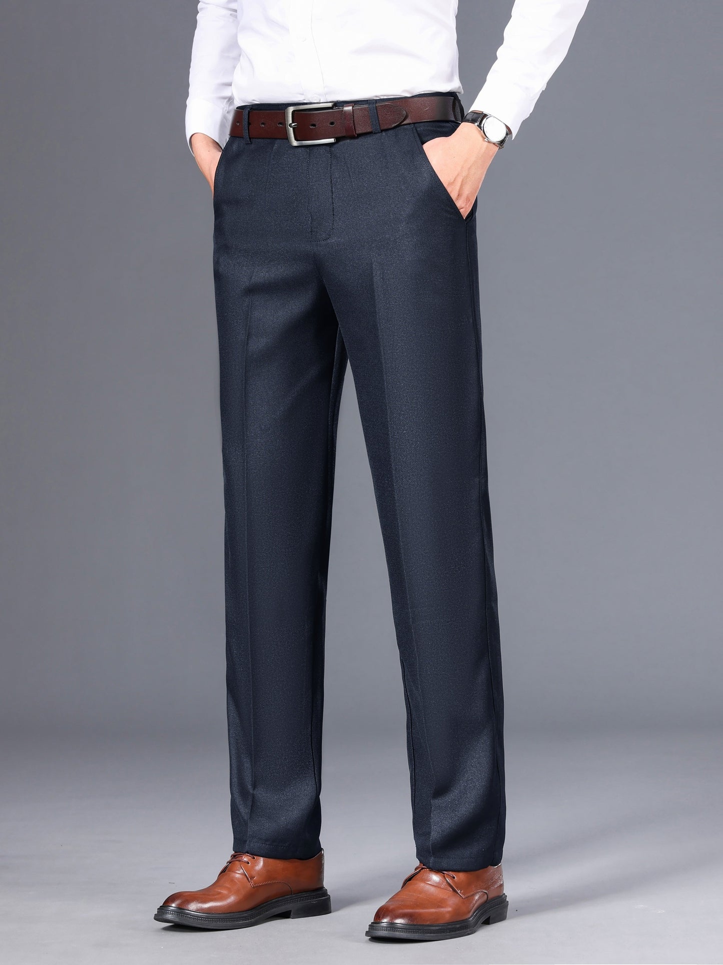 Men's Classic Gray Dress Pants - Medium Thick, Straight Fit with Slant Pockets & Zipper Closure, Polyester, Non-Stretch Fabric for Business Casual & Formal Wear, Ideal for Spring/Autumn