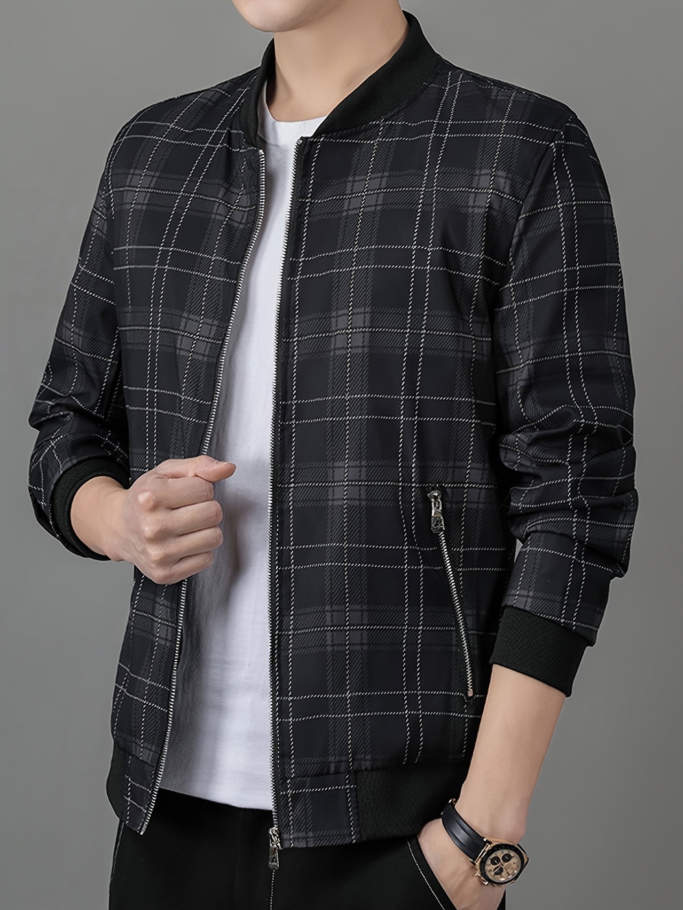 Men's Lightweight Baseball Jacket - Navy Blue & Black Plaid Zip-Up Coat, Non-Stretch Fabric for Formal & Casual Outfits - Spring/Fall Outerwear Jacket, Outdoor Wear, Classic Collar, Quality Stitching, Stylish Coat, Fashioncon