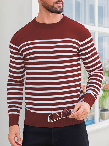 Գարնանային և աշնանային ամենօրյա երկգույն գծավոր տղամարդու սվիտեր-պուլովեր՝ գունավոր բլոկներով, կլոր վզնոցով, տղամարդու տրիկոտաժե վերնաշապիկ