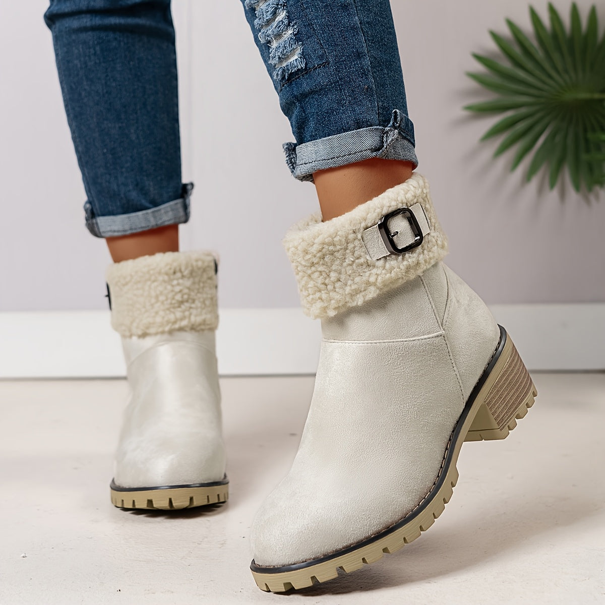 Chunky And Clssic Women'S Ankle Boots, Comfortable And Elegent Woemen Shoes. Warmth Khaki、Black And Beige Winter Women' Boots. Solid-Colored. Fleece-Lined Boots, Heighten And Non-Slip Lighhtweight Shoes with Cute Round Toe.