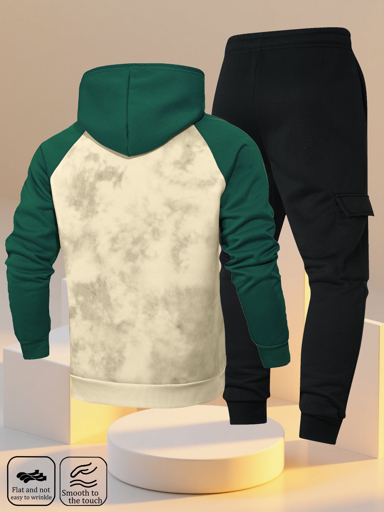 A New Trendy Color-Blocked Hoodie with Raglan Sleeves And Loose-Fitting Cargo Pants Featuring Multiple Pockets, Perfect for Casual Everyday Wear. This Breathable Hoodie And Loose Long Pants Set Comes in a Two-Piece Print Desi