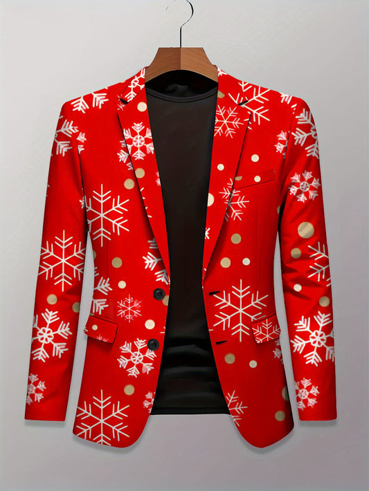 Men'S Blazer - Red & White Snowflake pattern with Golden dots, Business Formal & Casual Coat, All-Season Jacket for Office, Parties, Everyday - Classic Lapel, Structured Fit, Easy-Care Professional Outerwear, Office Wear, Tre
