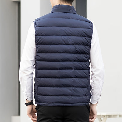 Men's Winter Sleeveless Warm Vest Jacket, Casual Fashion Zippered Multi-Pocket Solid Color Stand Collar Black Thermal Gilet for Autumn/Winter Outdoor Leisure Sports Hiking Lightweight Waistcoat Coat