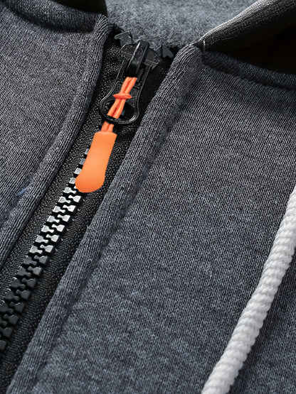 Men's 2025 Autumn East New Zipper Hoodie - Black & Grey Color-Block Contrast with White Piping, Full-Zip Closure, Chest Pocket & Adjustable Hood, Casual Streetwear for Teen Boys & Young Men, Durable Everyday Outerwear