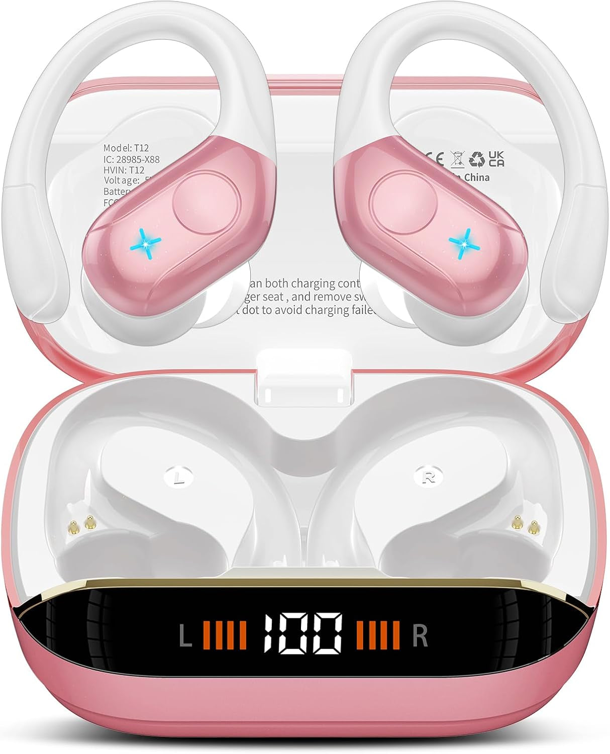 Wireless Earbuds Bluetooth 5.4 Headphones 75H Playtime Stereo Deep Bass Sports Ear Buds with Earhooks, LED Display Bluetooth Earbuds with 4 ENC Mic, IP7 Waterproof Earphone for Workout/Running, Black