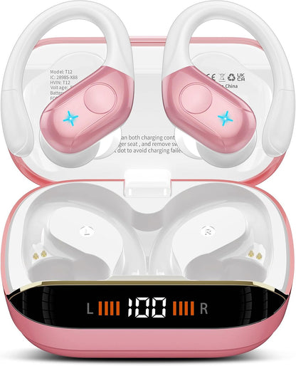 Wireless Earbuds Bluetooth 5.4 Headphones 75H Playtime Stereo Deep Bass Sports Ear Buds with Earhooks, LED Display Bluetooth Earbuds with 4 ENC Mic, IP7 Waterproof Earphone for Workout/Running, Black